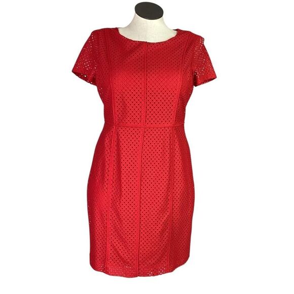 Talbots Dress Women 14P Petite Red Cotton Blend Eyelet Lined Short Sleeve Sheath - Picture 1 of 6